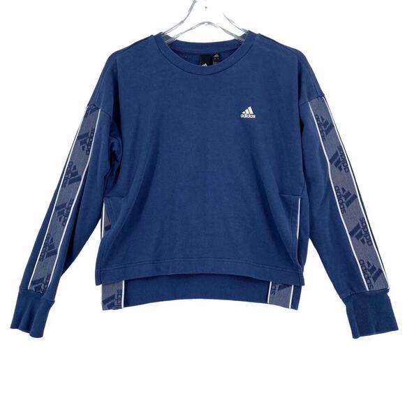 Adidas Cropped Sweatshirt Womens Size S Blue Pullover Side Split Spellout Logos - Picture 1 of 10